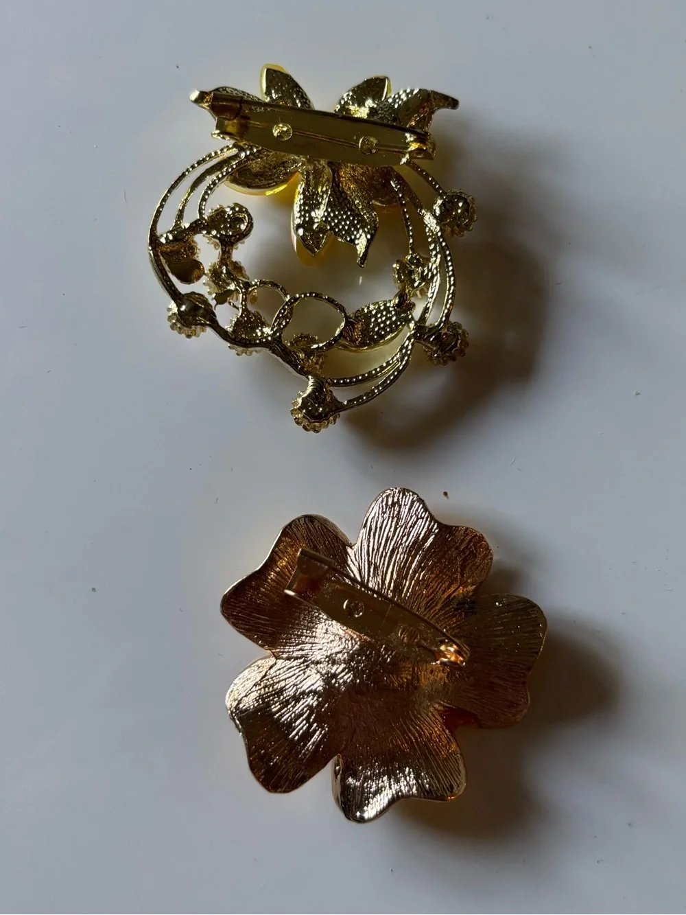 2 Gold Tone Floral Brooch Lot Amber Enamel AB Rhinestone Flower Pins